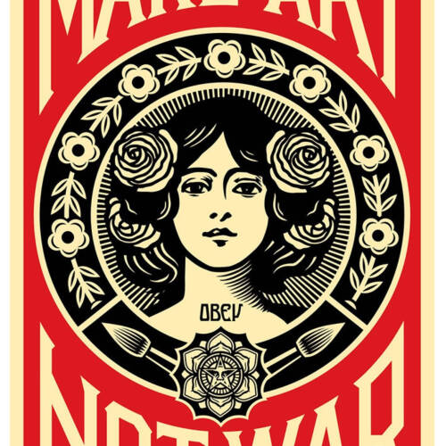Print of a woman's face with a circular floral border around her face. Around are the words, "Make Art Not War."